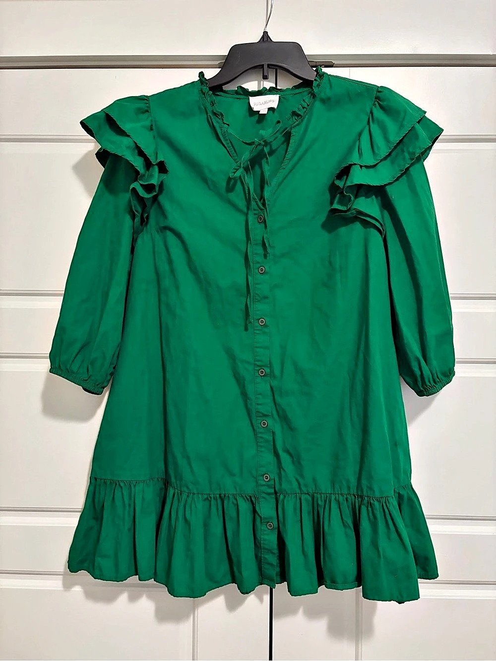 SUGARLIPS emerald Green Cotton Ruffle Mini Dress XS